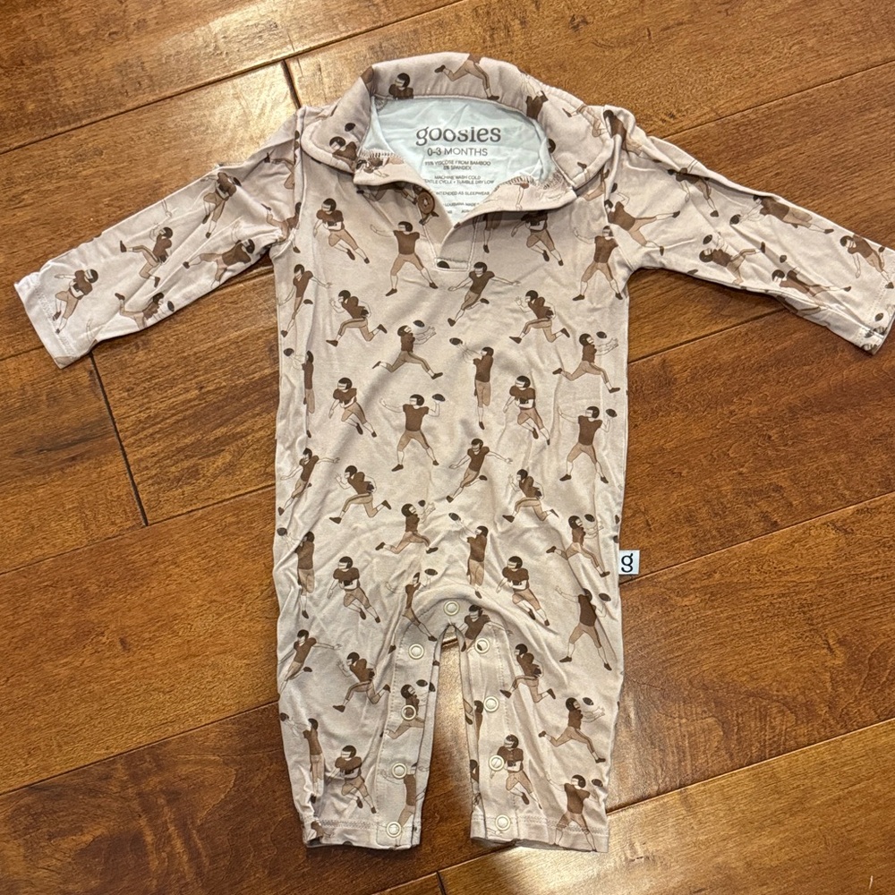 Goosies One Piece 0-3 Months Footie in Brown and Cream Football Print